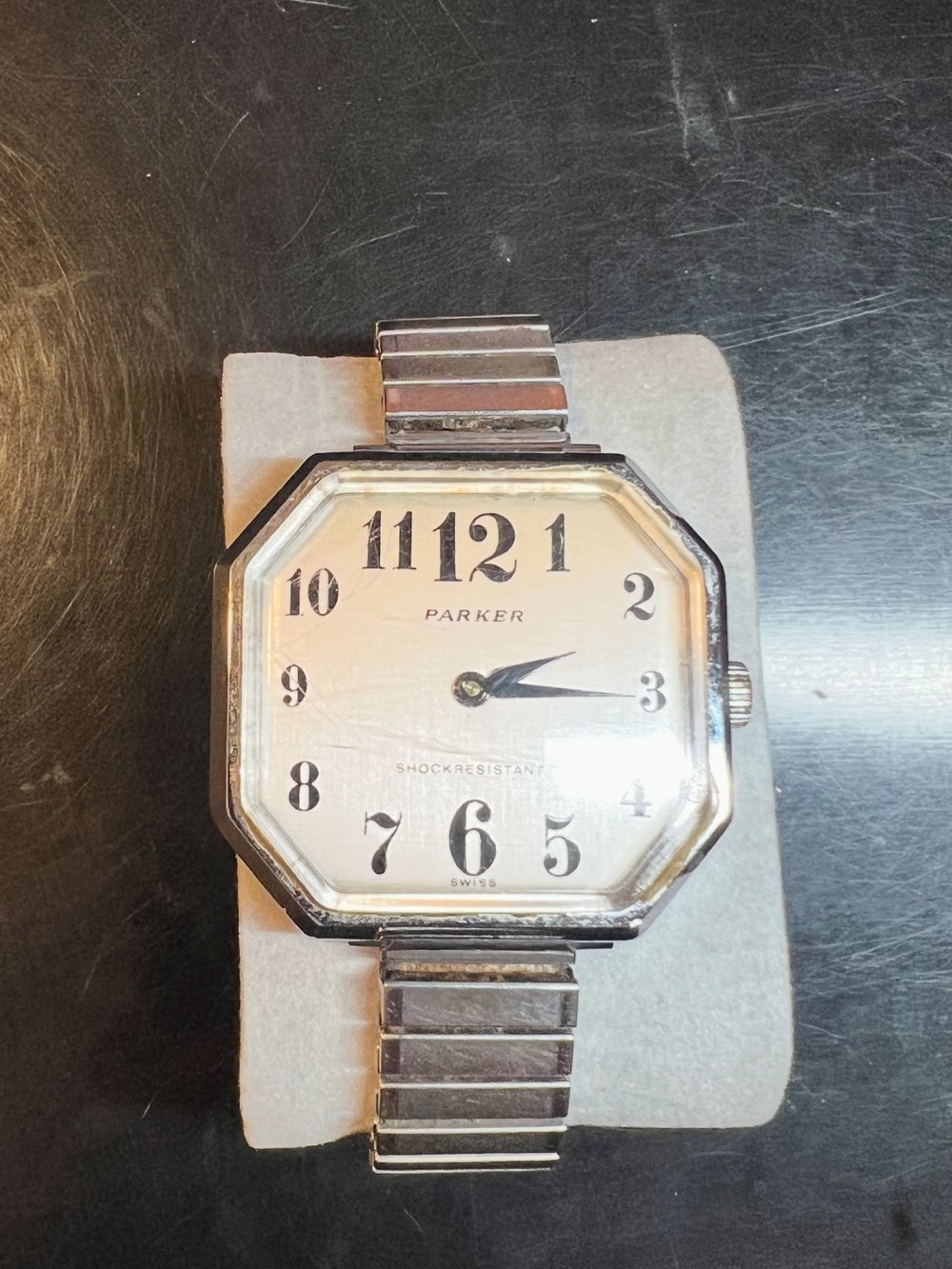 VINTAGE Parker Octagonal Silver Watch with White Dial and Black Numerals